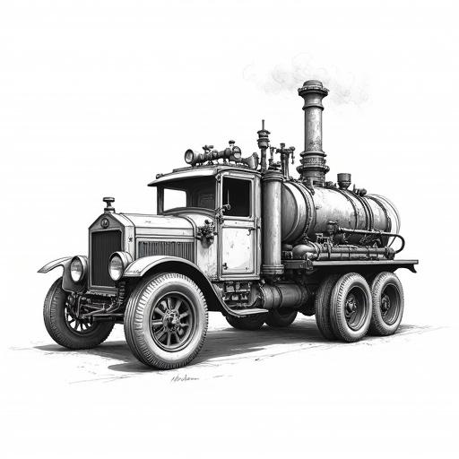 Hyper-detailed black and white line art of a steampunk utility vehicle. Features early 20th-century chassis with a large vertical boiler and steam engine. Includes pipes valves gauges smokestack and gear systems. Shows an open driver's cabin and spoked wheels. Emphasizes raw industrial power. Clean white background highlighting details.