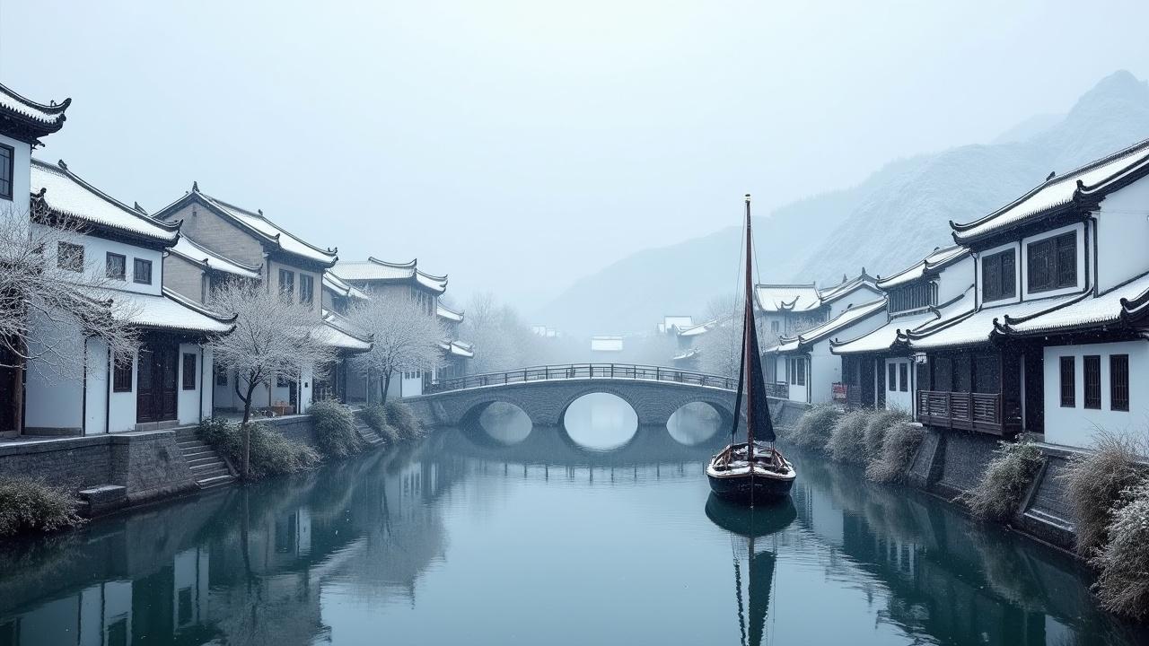 A scenic photo captures a snowy scene in a Jiangnan water town, showcasing traditional architecture with white walls and black tiles. The image features a charming bridge over a calm waterway, where a black-sailed boat gently floats. In the background, distant mountains are faintly visible under a light snowy cover. The soft light creates a serene, almost cinematic effect, enhancing the tranquil ambiance of the scene. Snow blankets the rooftops, adding to the winter charm of this picturesque landscape.