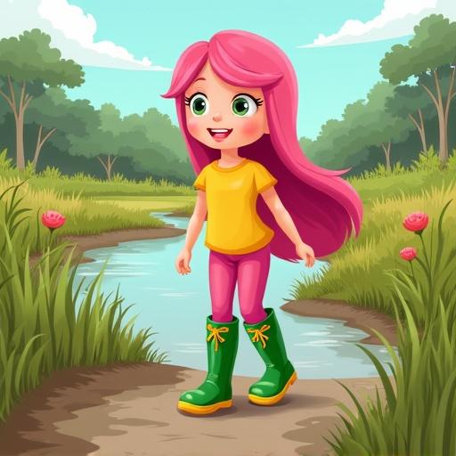 Posey at wetlands reserve walking along boggy pathway cartoon girl with long pink hair wears yellow shirt pink waterproof pants green knee-high frog wellies with yellow laces yellow soles.
