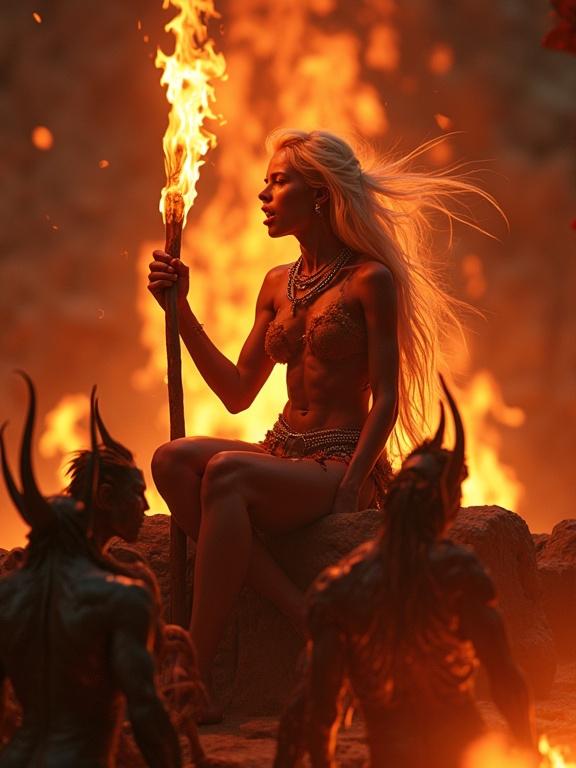 Dynamic scene of a blonde tribal woman with shiny skin sitting on a fiery throne. She wears a tattered loincloth of silver chains. Demons are kneeling around her. Young woman holds a burning stick high. Her head is bowed, and eyes glow red. She embodies the hell queen.