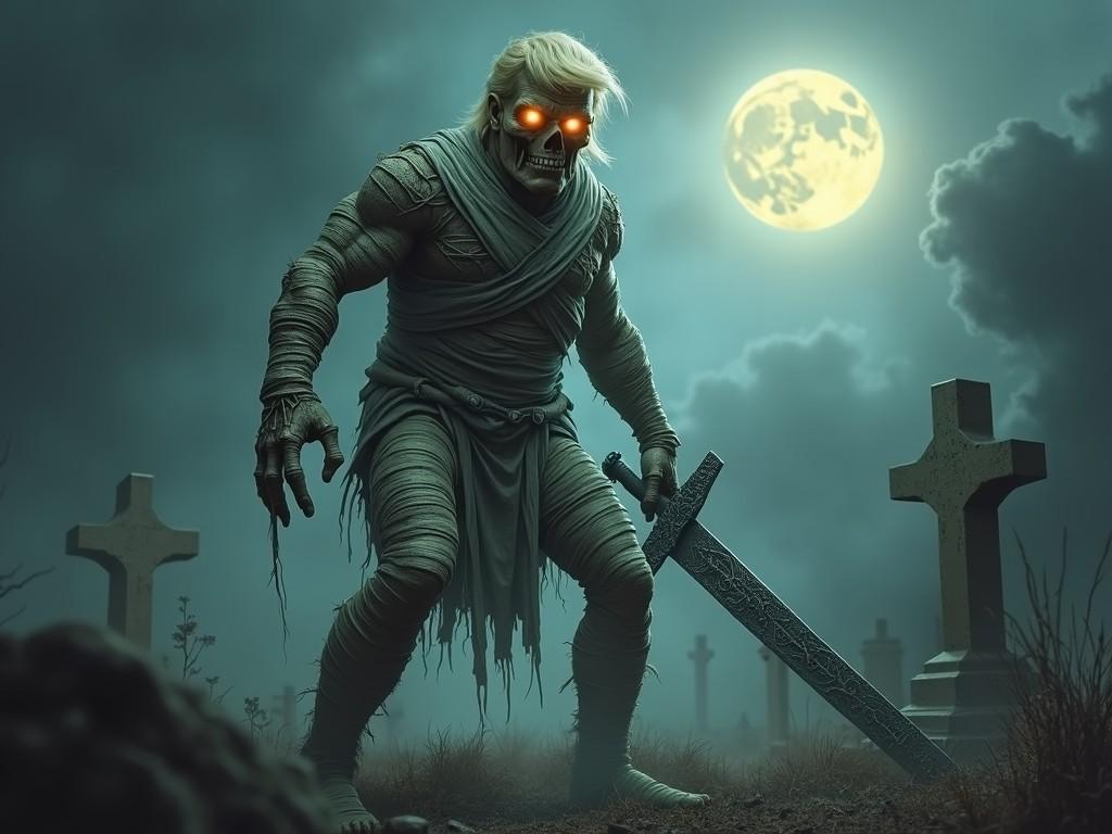 In a fog-laden cemetery under a full moon, a menacing mummy with glowing eyes clutches an oversized sword, suggesting a tale of vengeance or awakening. The dark, moody atmosphere, accented by haunting clouds and tombstones, evokes a sense of dread and supernatural insight. This captivating artwork creates a perfect blend of mythological terror and adventure.