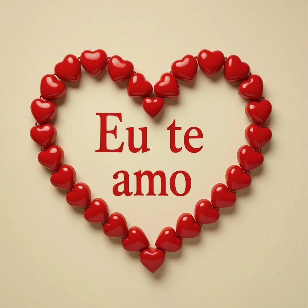 Heart shape created with red hearts surrounding the phrase Eu te amo. The design focuses on expressing love.