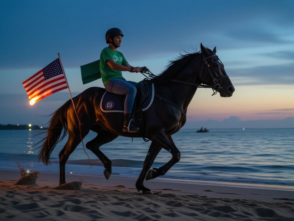 A black horse galloping on the beach at night. An American flag and a green flag are attached. The scene features a beautiful sunset and calm sea waters.