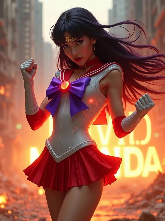 Sailor Mars strikes a furious fighting pose. One fist is clenched while the other points forward. One leg is raised. Outfit is a futuristic red and white sailor uniform. White blouse has a glowing purple bow. Pleated red miniskirt has holographic panels. Legs are in red heeled shoes. Hair billows in the wind with black and purple hues. A golden tiara with a red gem is on her forehead. Arms wear elegant white gloves with red details. Flames surround her creating an intense aura. Background shows dilapidated Brazilian urban favelas with smoke. 'DEIVID MIRANDA' in large letters is visible behind her. Image is hyperrealistic, high resolution, with dynamic lighting.