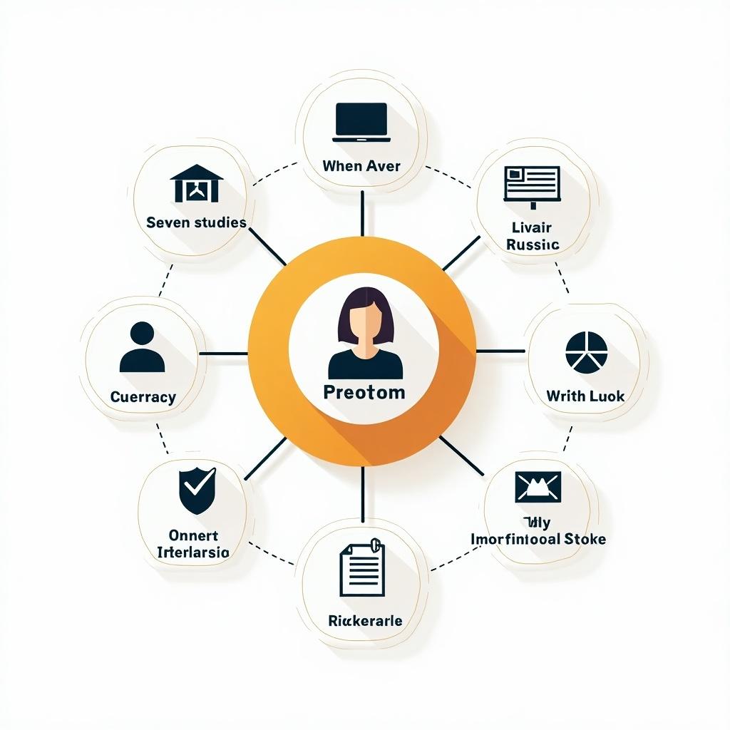 This infographic illustrates the digital identity map of a 38-year-old woman of Armenian heritage who has lived in Russia and the United States. It showcases various platforms and studies related to her life. The central node features 'Preotom', representing her digital persona. Surrounding nodes include references to her international studies and diverse platforms. The design uses a bright color palette, emphasizing connectivity and modernity. It serves as a visual representation of her unique background and digital footprint.