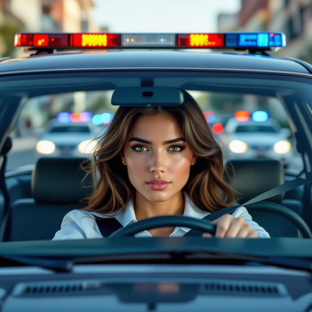 Photo-realistic depiction of a girl driving a police car. The scene includes emergency lights showing urgency. The car is in an urban area. Police lights can be seen in the background. The girl looks determined while handling the steering wheel.