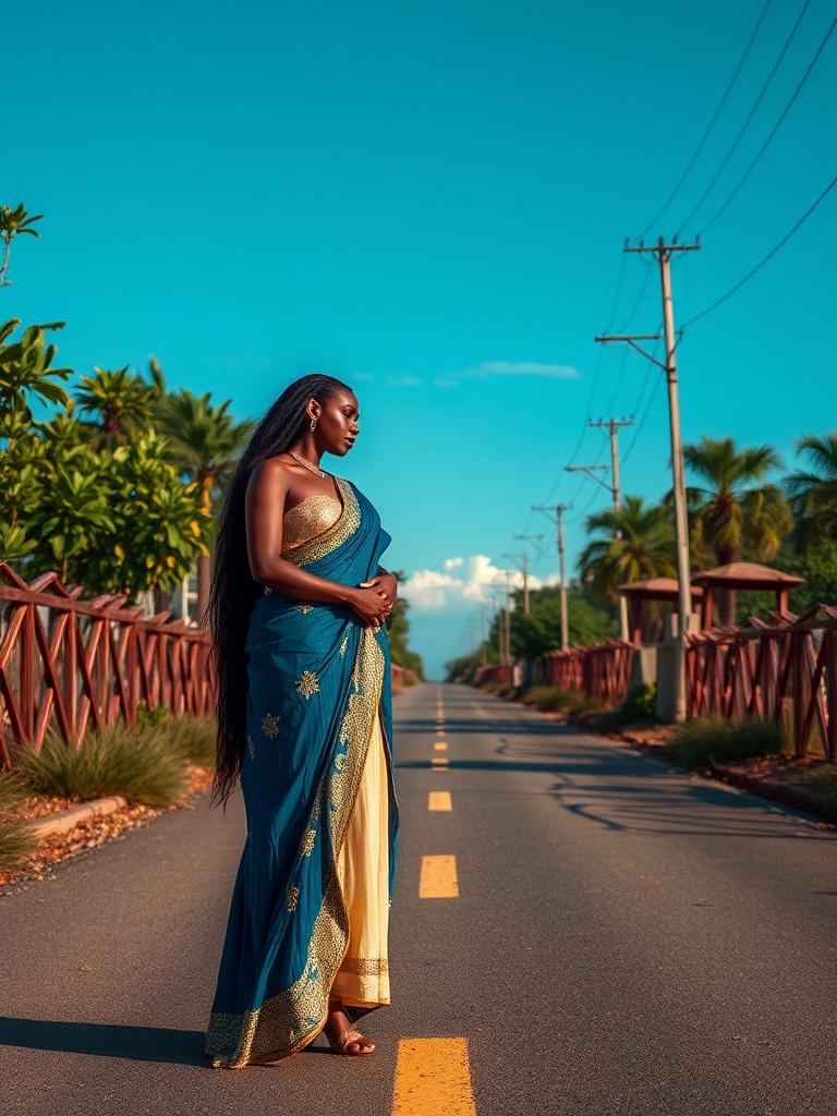 A woman stands gracefully in the middle of a sunlit road, draped in a vibrant blue and gold sari. The surrounding lush greenery and distant power lines enhance the image, creating a blend of natural beauty and modernity. The clear, azure sky contrasts beautifully with the earthy tones, conveying a sense of tranquility and poise.