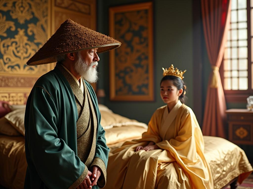 In a softly lit traditional room, an elderly man wearing a conical straw hat stands thoughtfully, while a young woman in a golden robe and delicate crown sits on a bed. The room's decor resonates with intricate patterns and warm tones, creating an atmosphere of historical elegance and wisdom.