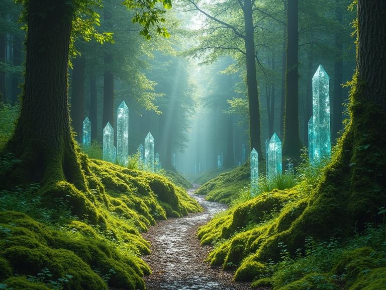Surreal forest pathway with impossible twists. Vibrant moss flows like water. Crystals levitate and shimmer in strange light.