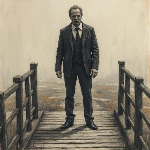 Surrealism sketch featuring a man standing alone on a bridge. Dark and moody atmosphere reflects horror themes. Artistically rendered in muted colors and sketch-like quality.