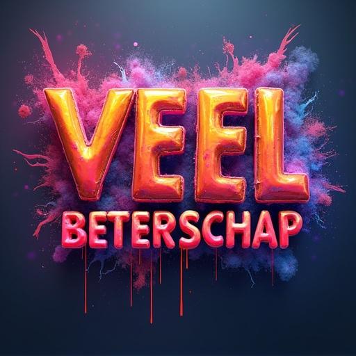 Text 'VEEL BETERSCHAP' in colorful 3D format with a smoky background and vibrant splash effects.