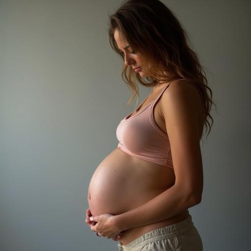 A woman in a side profile view showing her pregnant belly. The woman has long hair and is wearing a soft tank top and comfortable pants. The setting has soft natural light creating a warm atmosphere.