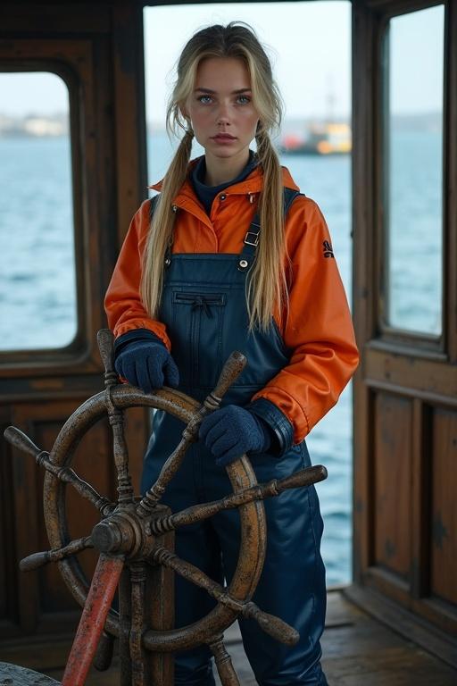 Young woman with long blonde hair in pigtails dressed in orange raincoat navy blue dungarees and gloves. She holds the tiller of a fishing boat with a cold sea and harbor in the background.