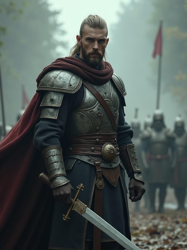 A strong warrior stands ready for battle. He wears an intricate armor with a cloak. The background features soldiers in armor. A misty forest sets an epic scene.