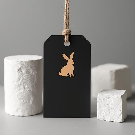 Close-up studio shot of a black tag suspended with natural twine. Tan rabbit graphic on top. The tag is blank below the rabbit. The background features white geometric plaster shapes and grey backdrop. High-quality studio lighting with soft shadows.
