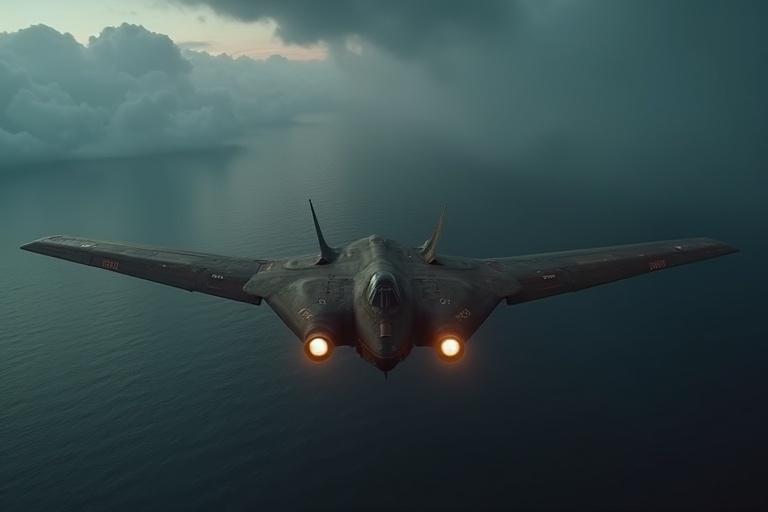 A massive dark brown military plane cuts through the moody sky. The aircraft resembles a futuristic stealth transport over an endless dark ocean. Its wide wings and twin engines glow faintly at the rear. An armored fuselage with worn insignias is captured high above by a drone. It appears like a lone predator beneath thick storm clouds. The ocean reflects dull orange from the horizon. The angle is distant and elevated, delivering dramatic scale and isolation.