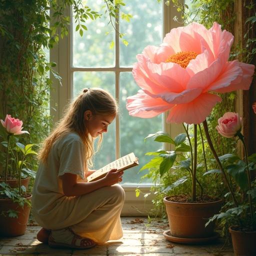 A young alchemist kneels in a sunlit greenhouse reading a book beside a gigantic flower. Delicate fairies flutter around taking notes. Dewy spider-silk threads glisten between vines. The greenhouse has warm pinks, greens, and creams with roots and petals.