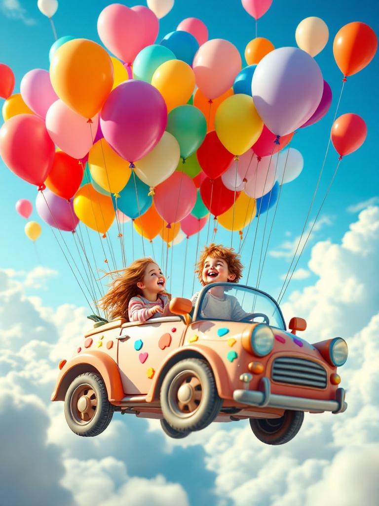 Two joyful kids are seated in a whimsical car floating high in the sky. The car has vibrant designs and is surrounded by colorful balloons lifting it above fluffy clouds. The children gaze out at the serene blue sky and soft white clouds. Sunlight illuminates the scene, adding a magical vibe.