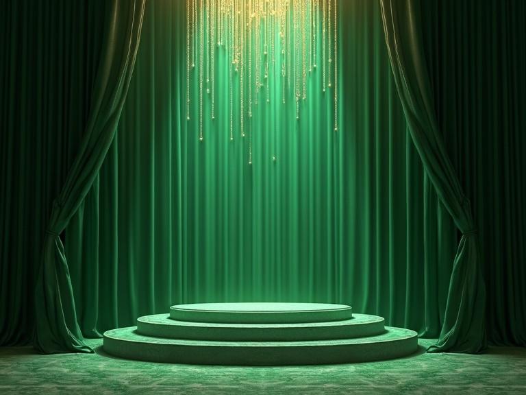 Stage design featuring emerald green and gold elements. Luxurious style with a focus on an illuminated chandelier and draped curtains.