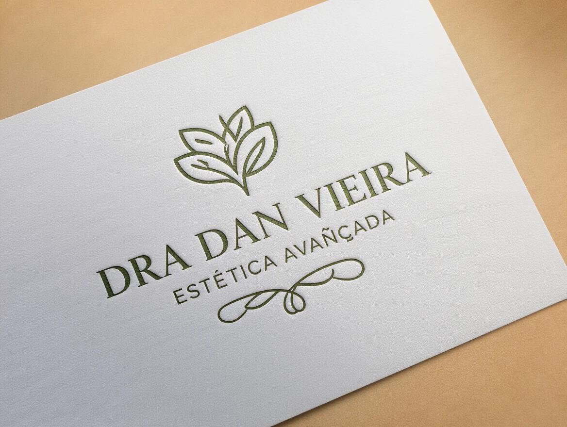 Logo design for an aesthetics clinic named Dra Danii Vieira Estética Avançada. Elegant leaf symbol emphasizes natural beauty. Text is clearly legible and professionally crafted.