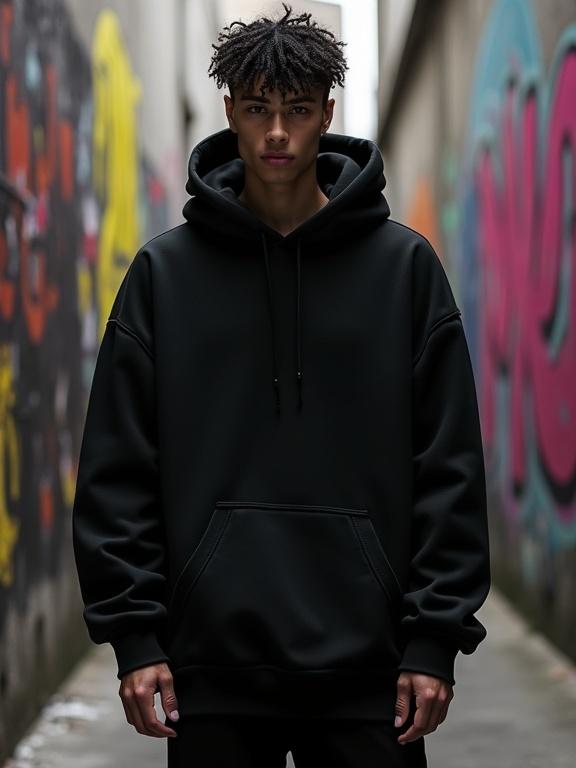 Image of a male model standing confidently against a graffiti wall. The model wears a plain black oversized hoodie. The backdrop features urban textures and vibrant neon colors. The tone is dark and cinematic, with a rebellious attitude. The composition is minimalist yet intense, combining fashion and street culture.