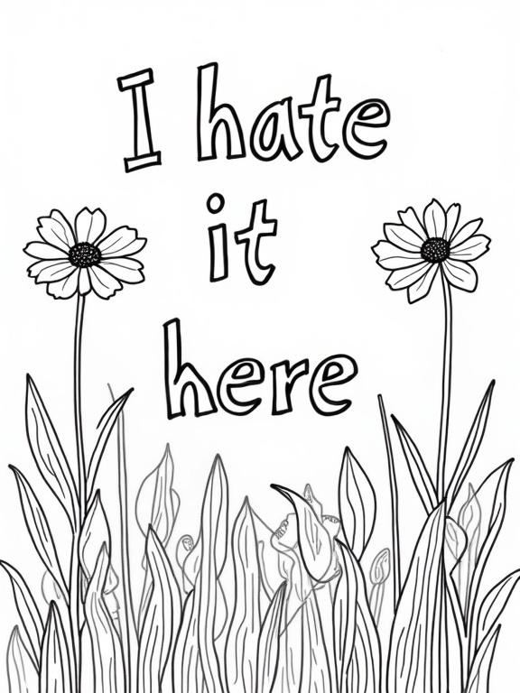 Black and white coloring book line art. Features flowers and the phrase 'I hate it here.' Design suitable for coloring. Simple outline.