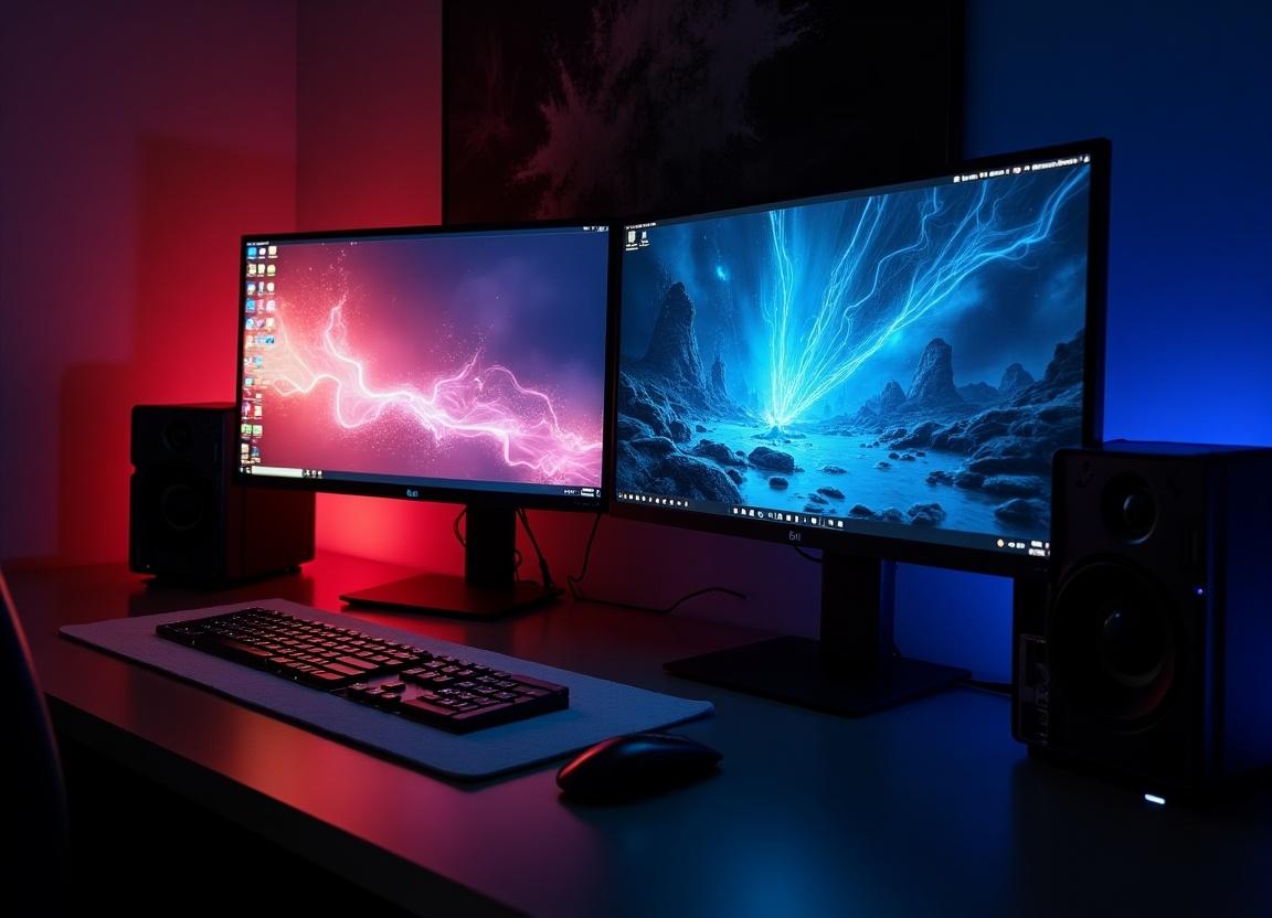 This image showcases a dual-monitor setup that features a stunning visual effects scene on one monitor and a chroma scene on the other. The monitors are positioned beside each other, creating an immersive workspace. Ambient lighting in red and blue adds a dynamic feel to the scene. The setup is stylish and modern, ideal for both gamers and professionals. A keyboard and mouse are neatly arranged on the desk, complementing the high-tech atmosphere.