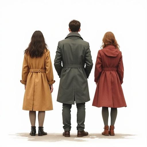 Full body view of three figures from behind with a male figure in the center wearing a long coat, Two female figures on each side, Background is white, Clothing features a blend of colors and textures, Scene represents watercolor art blending traditional styles.
