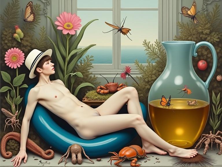 Surreal painting features a nude young man reclining on a blue, vase-shaped object. His expression appears contemplative while he wears a white striped hat. Surrounding him are disembodied limbs, bizarre insects, and various exotic flora. A large glass pitcher filled with a yellowish liquid stands nearby with small insect-like figures floating inside. The background includes a distant seascape visible through a window. The color palette leans towards pale and muted tones and the overall composition feels crowded.