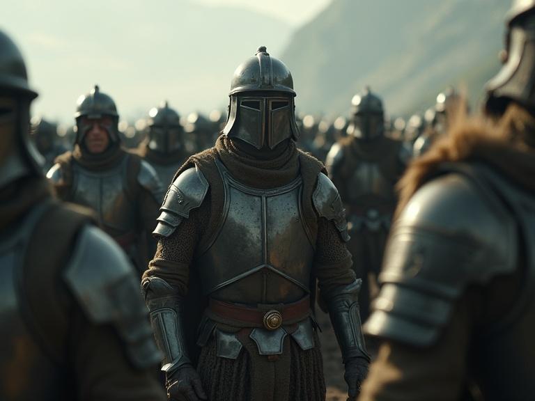 A panoramic shot showing an army of soldiers in detailed armor standing in formation. Their faces display terror and paralysis. The scene is captured in cinematic style with natural light highlighting the details.