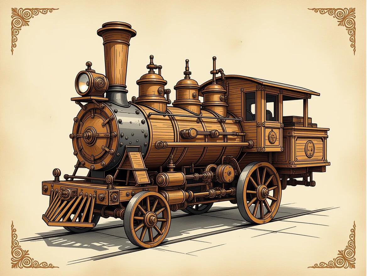 Schematics of a steampunk wooden toy engine with cybernetic enhancements. Hyperdetailed charcoal drawing style on antique parchment paper featuring rust hints. High contrast imagery showcasing elegance and grace.