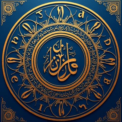 Detailed Arabic style pattern with circular arrangement of Arabic letters. Focus on small dots in calligraphy. Design creates movement and rhythm. Rich deep blue color with contrasting gold accents. Vintage feel like traditional Islamic art. High resolution, professional quality.