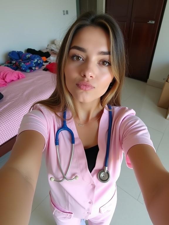 Young woman takes indoor selfie. Medium-toned skin with long, straight hair. Dark brown roots and blonde tips partly cover right eye. She puckers lips in playful kiss. Wearing light pink nurse's uniform with short sleeves and V-neck. Blue stethoscope around neck. Right hand on hip. Small round earrings. Background has bed with pink checkered bedspread and colorful clothes. Dark brown cabinet and cardboard box visible. Light tiled floor. Bright casual vibe with sharp focus on woman's face and upper body.