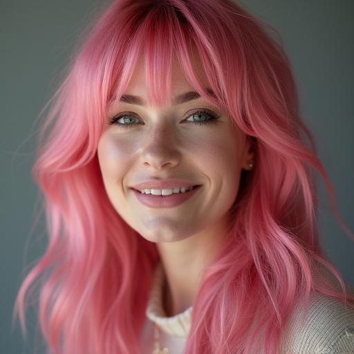 A young European woman with pink hair smiles in lingerie. The image captures her vibrant look.