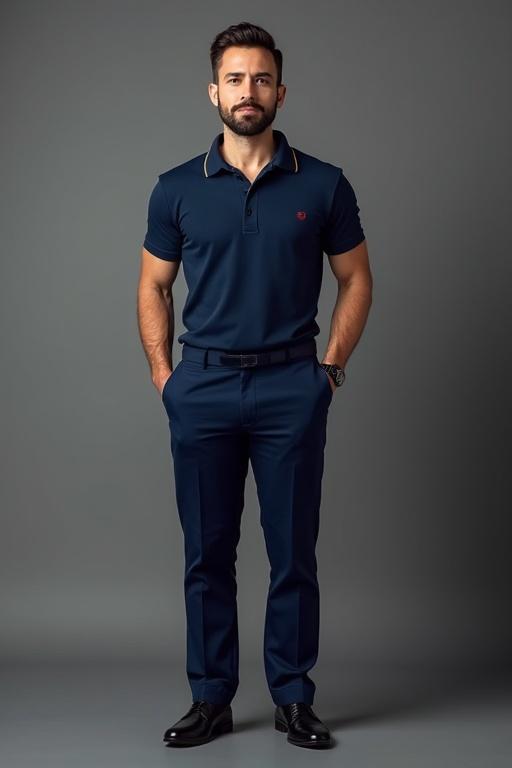Full body image of a man dressed in dark blue polo shirt with gold accents. Wearing dark blue pants with side pockets. Designed for luxury hotel staff representation.