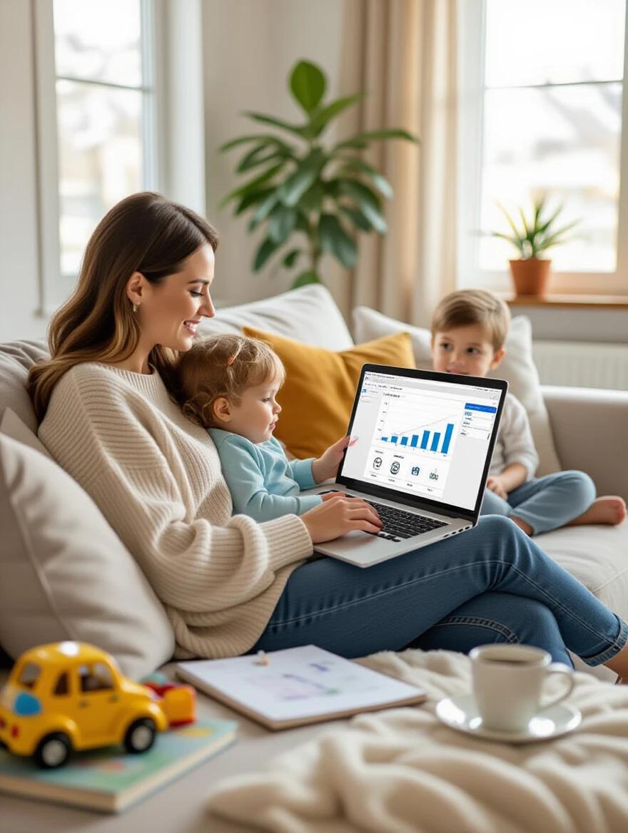Mother sitting comfortably on a sofa with a laptop displaying growth charts. Young child on her lap. Older child sits beside her. Living room filled with natural light. Items include children's toys and a coffee cup. Warm and soft colors convey family life and well-being.