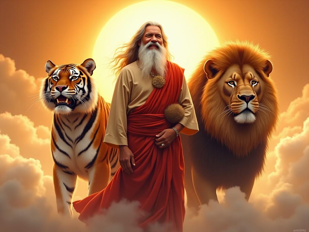 The image showcases a wise man with long flowing hair and a beard, dressed in a flowing robe, standing with a tiger and a lion at his side. He appears serene and powerful, embodying a sense of wisdom. Behind him, a golden sun rises, casting a warm glow over the scene. The tiger stands boldly on his left, while the lion sits majestically on his right. Soft clouds frame the trio, enhancing the mystical aura of the moment.