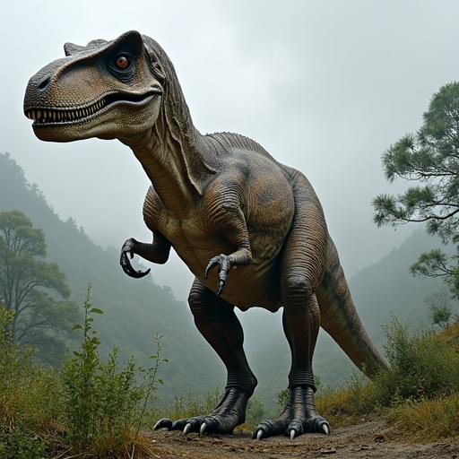Giant statue of a velociraptor in a misty landscape. Long greenery and mountains in the background. The statue appears lifelike and majestic.