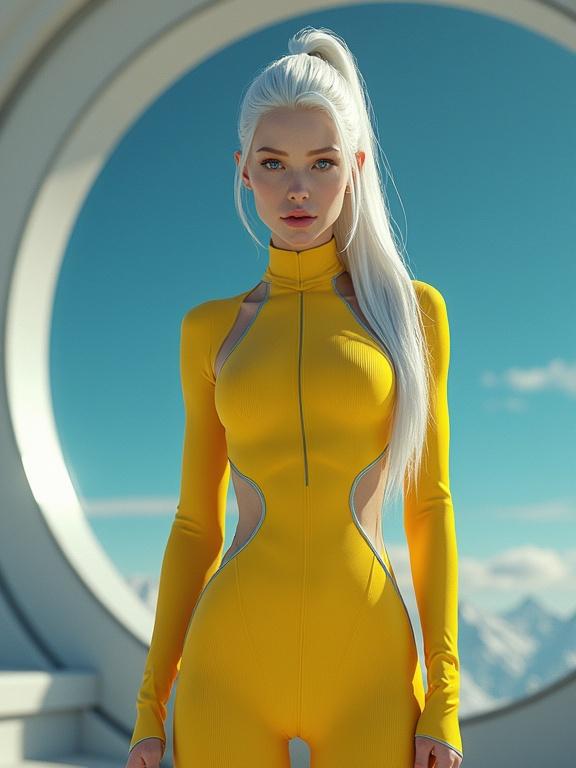 Futuristic sci-fi character with light blue eyes in yellow bodysuit outdoors near starship.