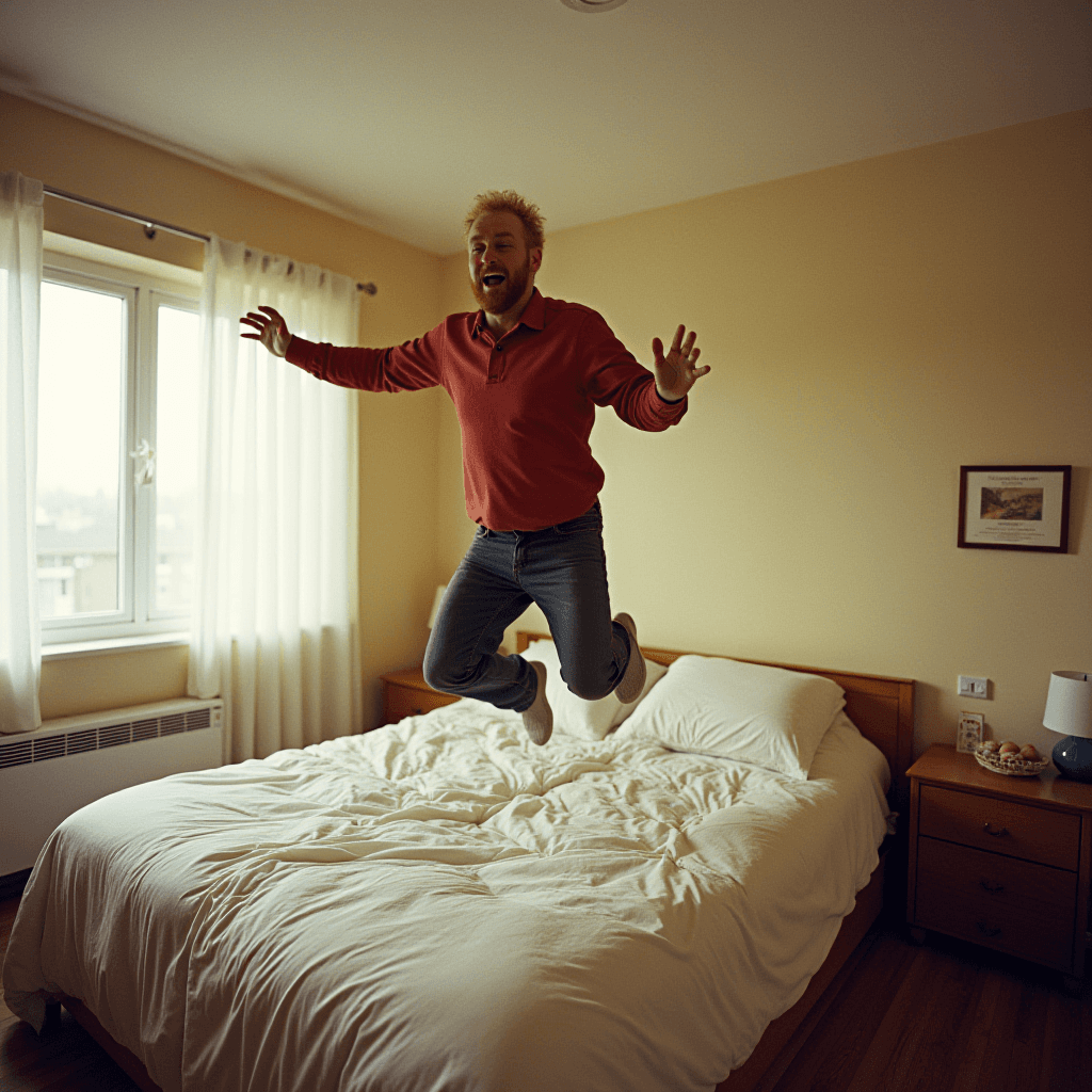 A man joyfully jumps on a bed in a cozy bedroom filled with natural light.