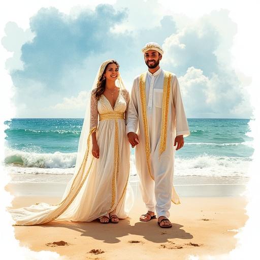Watercolor painted Arabic wedding card featuring a happy groom and bride. Both wearing traditional Arabic clothing with shiny gold accents. Background of a seashore with a cheerful atmosphere. Painting-like quality with less detail on faces and a long shot perspective.