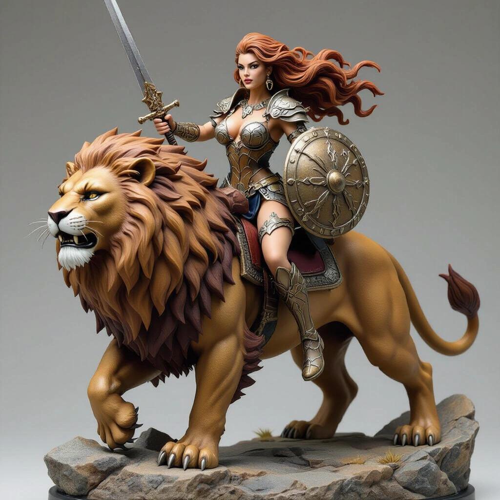 Ultra-detailed resin sculpture of a fierce goddess riding a giant lion. The goddess sits on the lion's back with legs spread and firm. She holds a large sword and shield, symbolizing power. Long, wavy light brown hair with white highlights blows in the wind. Wears feline-style armor with claw-shaped details. Faces haughty and determined. The lion stands majestically on two legs, with a rocky base featuring celestial symbols. Semi-realistic style with high detail for resin printing.