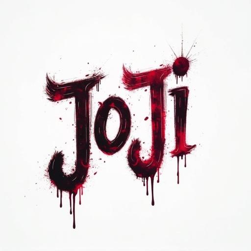 Design a logo for JoJi using bold artistic typography. Incorporate red paint splatter effect on white background. The text should be the main focus.