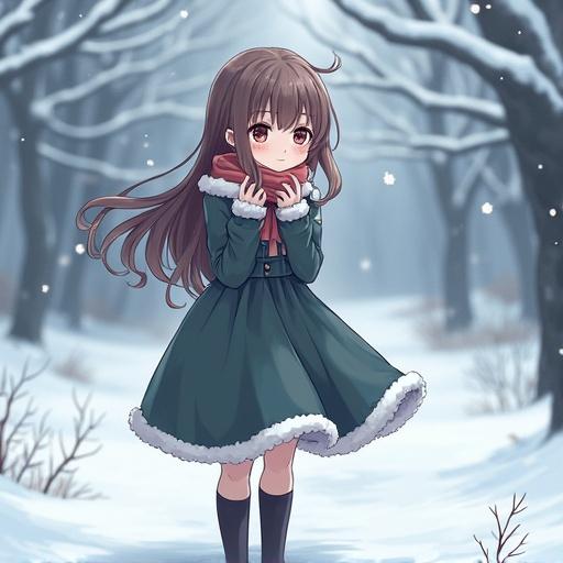 Character standing in a snowy forest wearing a winter dress. Sad expression on the character's face. Short brown hair. Hands clasped together. Snowflakes falling around.