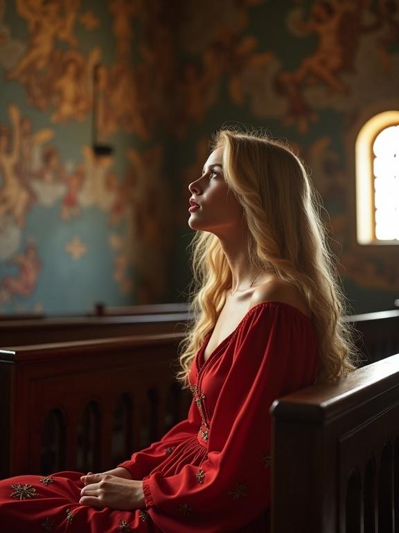 A blonde model with long waves sits quietly in a church. She wears a red dress with embroidery. Looking at the painted ceiling with cherubs. Soft light filters through the windows, highlighting her features. The setting conveys serenity and spirituality in a dramatic style.
