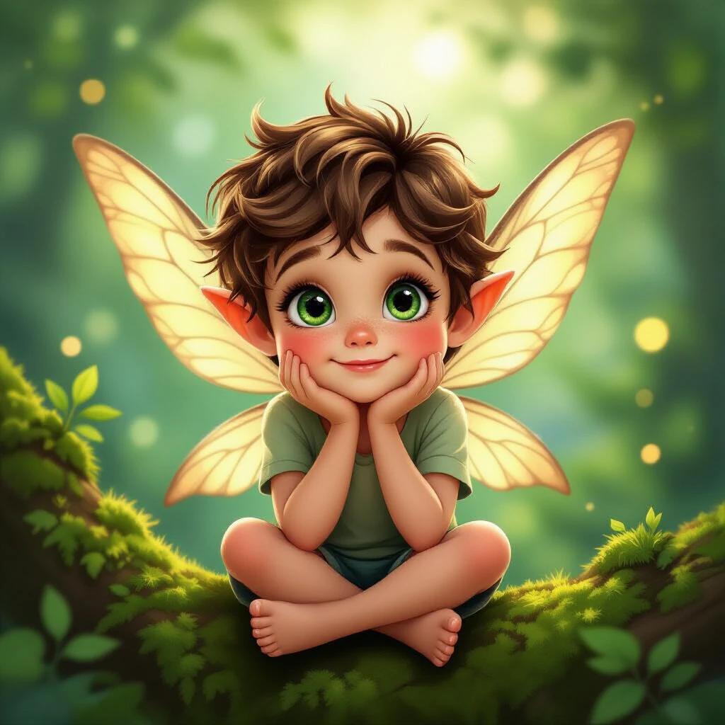 Charming young fairy boy with big green eyes sits on a mossy tree branch. Brown hair is short. Wears layered light green t-shirt. Translucent golden wings have intricate venation. Hands support chin. Looks directly at viewer with sweet expression. Background is a softly blurred forest with dappled sunlight and glowing bokeh particles.