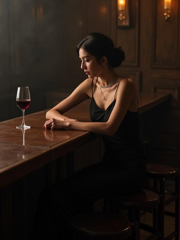 A solitary woman seated at a dimly lit vintage bar. She wears a black silk slip dress and a delicate silver necklace. The gaze is fixed downwards with quiet melancholy. An untouched glass of ruby red wine rests on the mahogany countertop. Soft shadows fill the background, hinting at elegance.