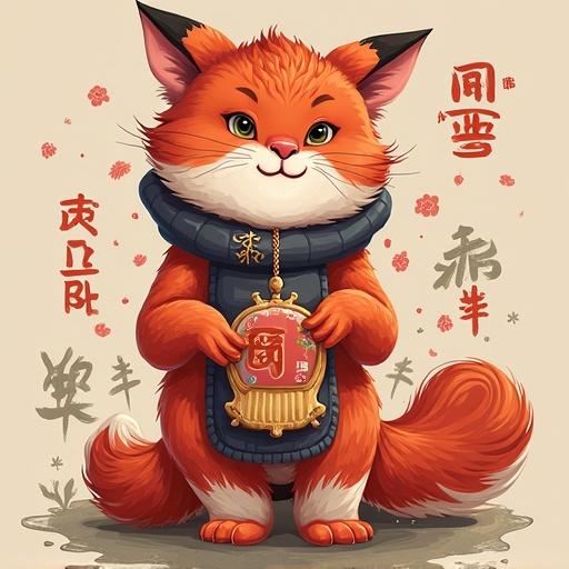 A cute orange fox character wearing a blue scarf stands on a wall with decorative elements and text.