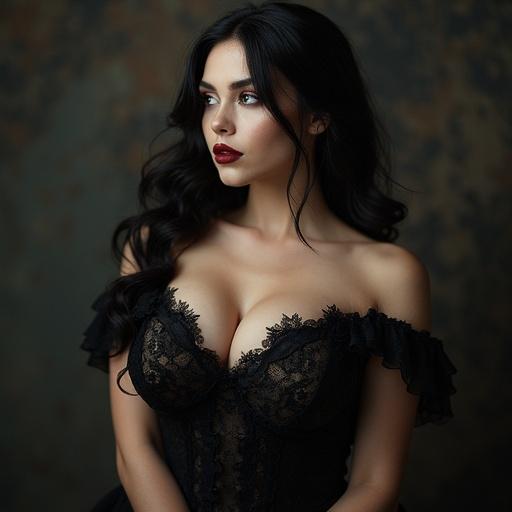 Photorealistic image of a voluptuous curvy goth woman with dark hair and makeup. She wears a black lace outfit. The background is dim and moody. Her expression is contemplative and confident.