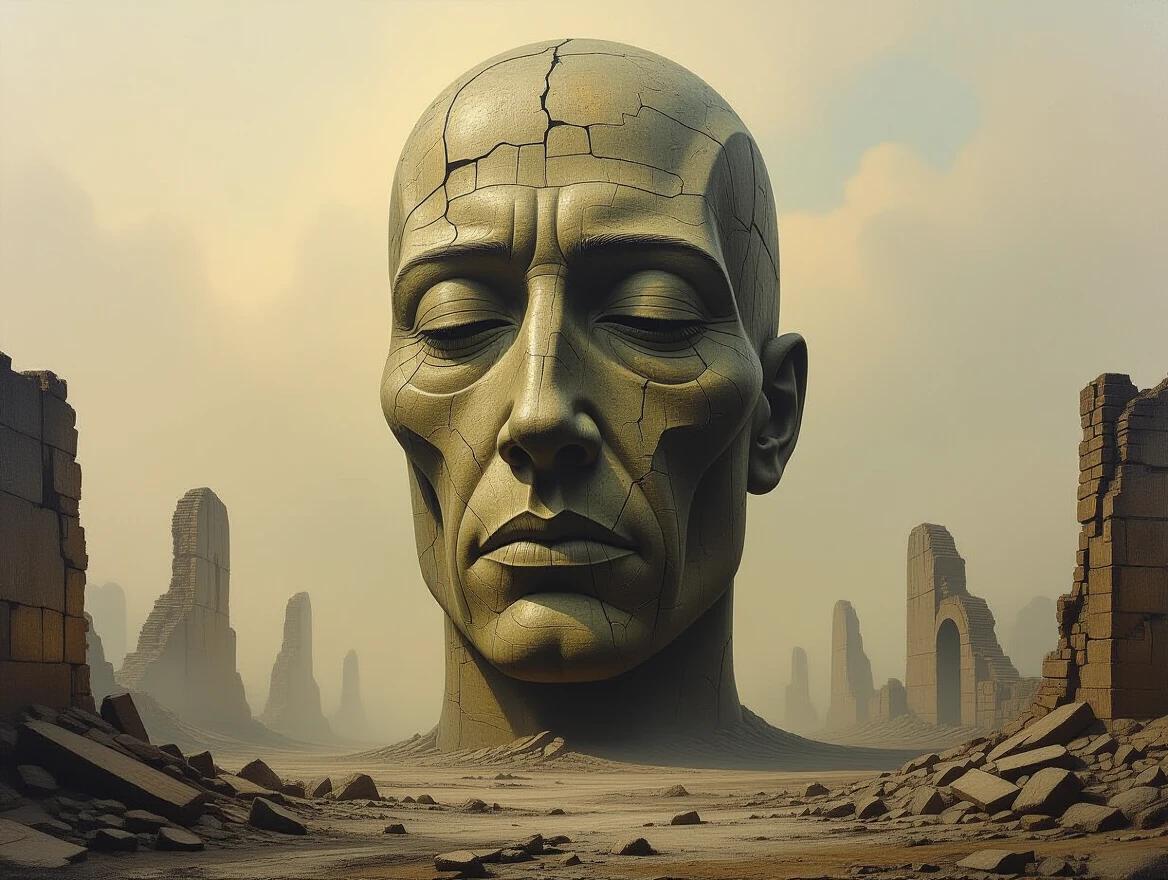 Large sculptural figure in a desolate setting surrounded by ruins. Oil painting with thick texture resembling bone and rock. Soft light creating a mysterious atmosphere.